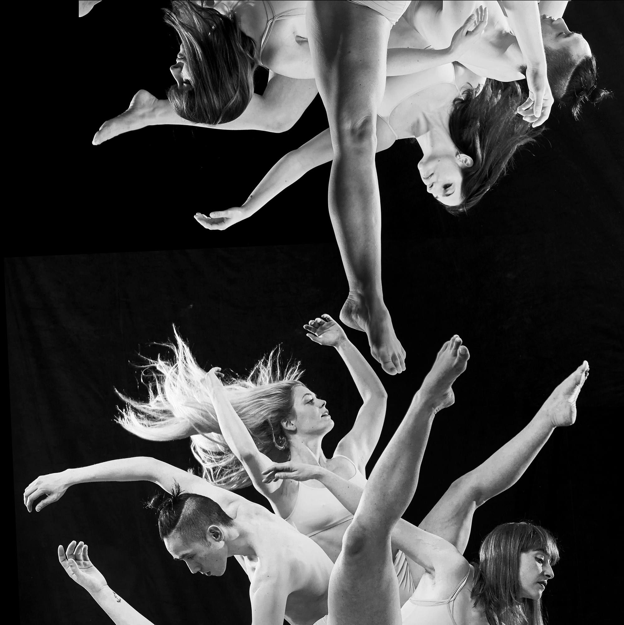 Fotomontage mehrerer Tänzer, deren Beine, Arme und Köpfe teils auf dem Kopf stehen