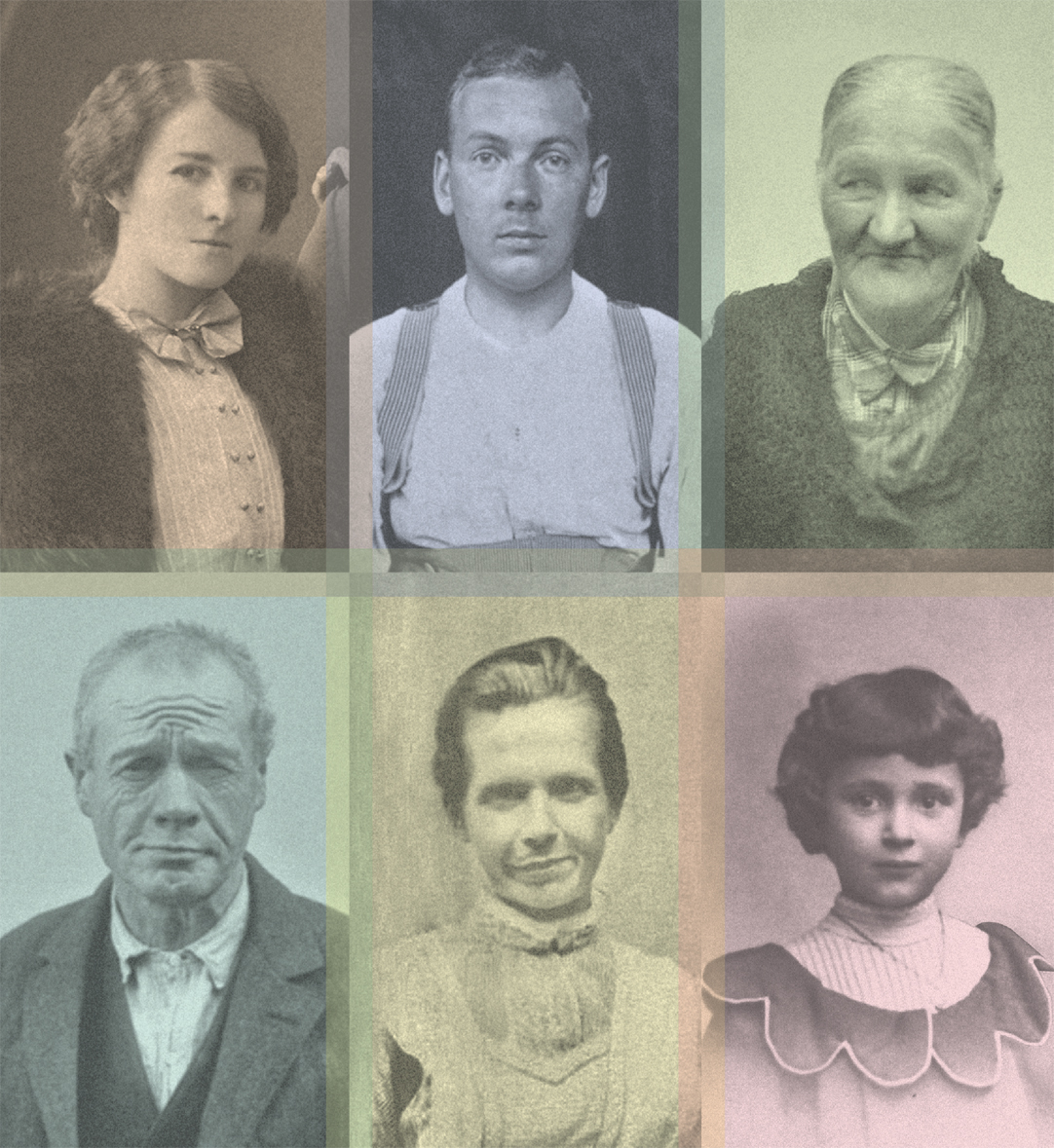 Porträts von sechs Menschen, Titelcollage des Gedenkbuchs für die Opfer der NS-Krankenmorde. © Braun Engels Gestaltung