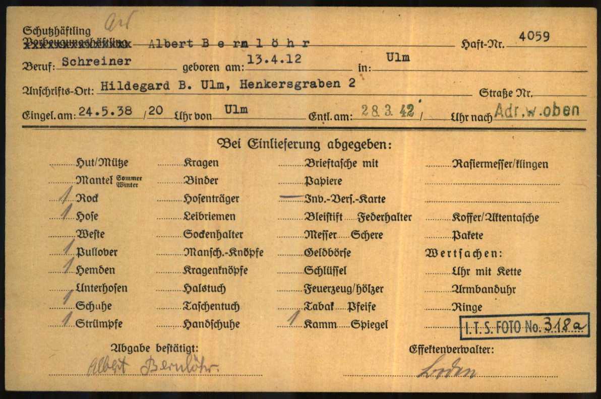 Effektenkarte von Albert Bernlöhr aus dem Konzentrationslager Buchenwald