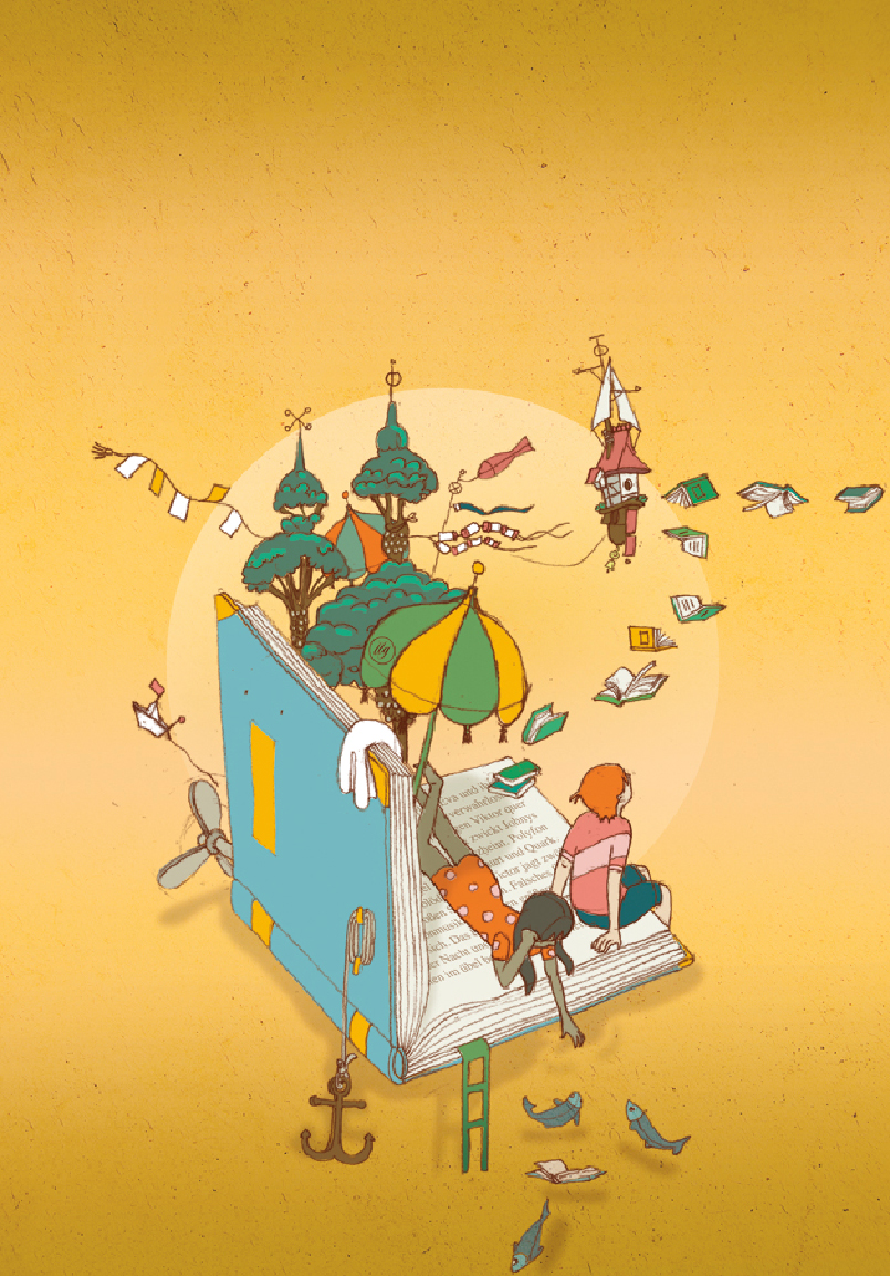Ein Fantasiebild auf gelbem Hintergrund: Aus einem aufgeschlagenen Buch wachsen Bäume und Schirme, fliegen Hefte. Zwei Kinder liegen oder sitzen und träumen in die Landschaft. Drei Fisch umschwimmen das ankernde Buch, das wie eine Badeplattform anmutet. 