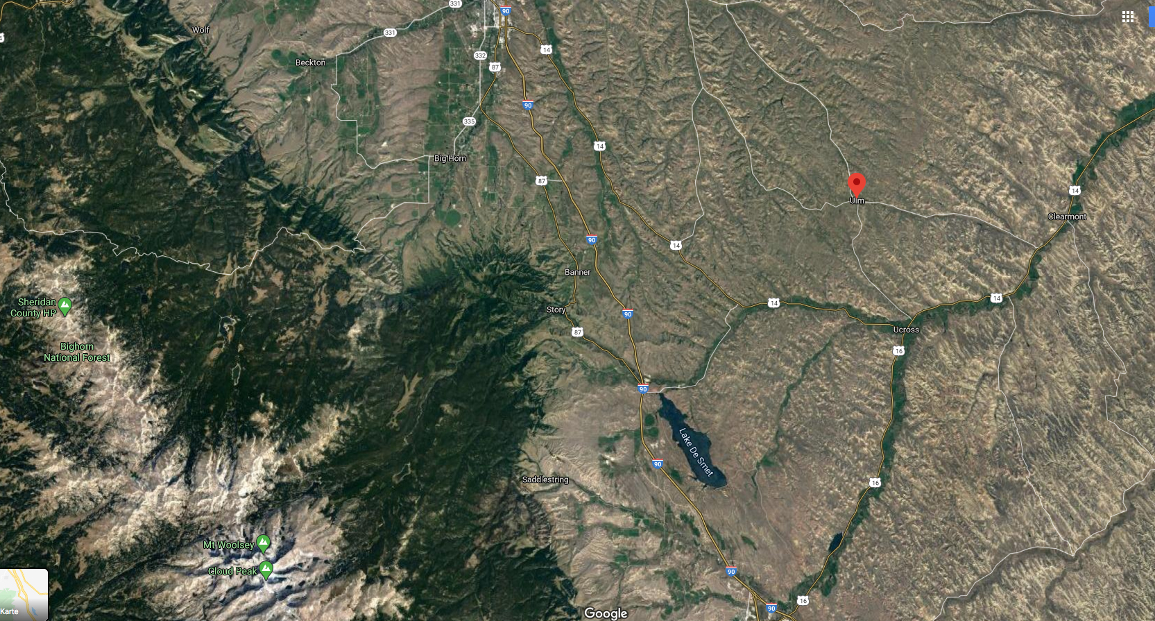 Ulm, Wyoming. Satelliten-Bild der Gegend. 