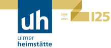 Logo der Ulmer Heimstätte zum 125. Jubiläum: Ein goldenes Band und die Zahl 125 ist dem blauen Heimstättenlogo hinterlegt. 