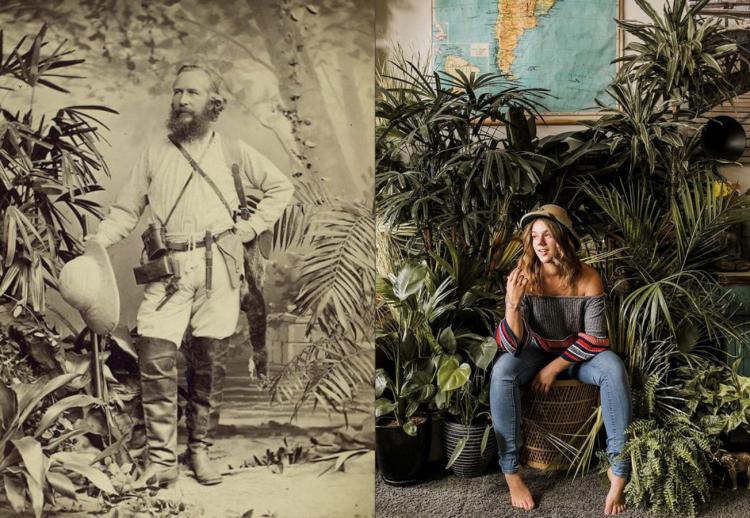 Zweigeteiltes Bild, links eine historische Aufnahme des Mediziners, Zoologen und Philosophen Ernst Haeckel aus der Zeit zwischen 1860 und 1900. Rechts ein Bild aus dem Jahr 2020 mit junger Frau zwischen Pflanzen. 